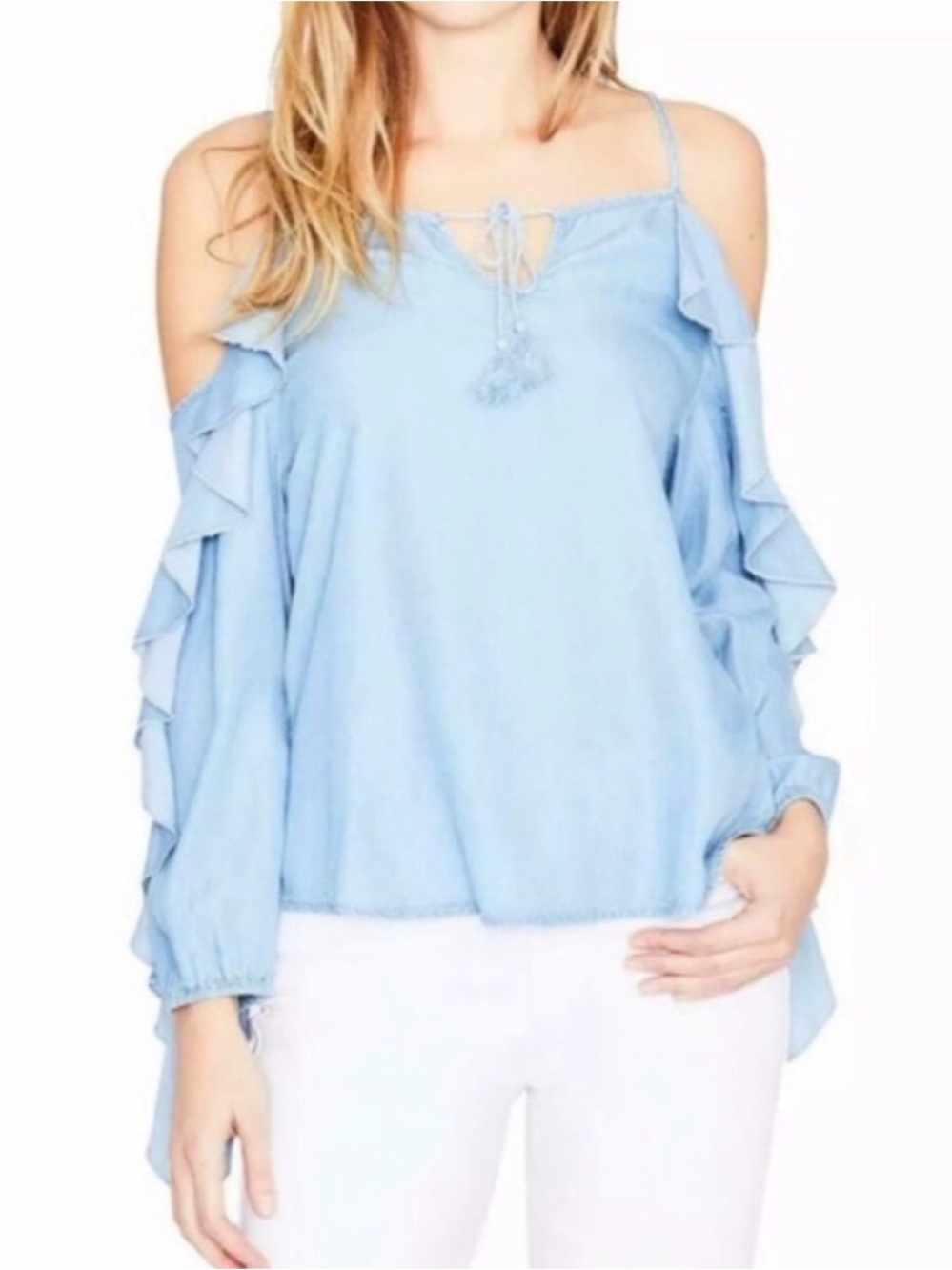RACHEL Rachel Roy Cold-Shoulder Ruffle Long Sleeve Blouse in Light Blue